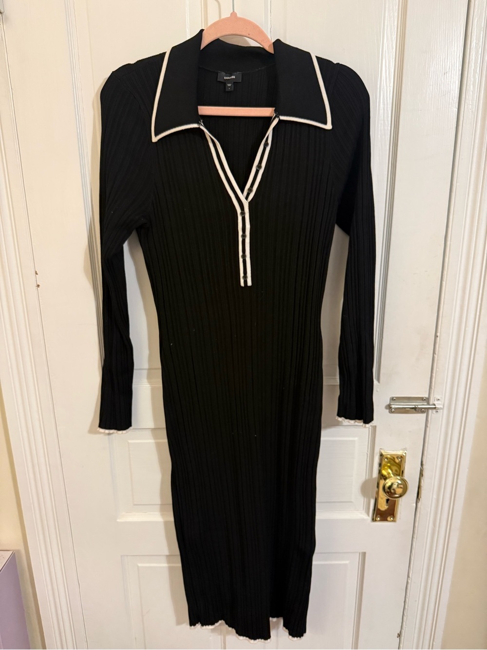 Express Black Ribbed Long Sleeve Polo Dress with White Trim